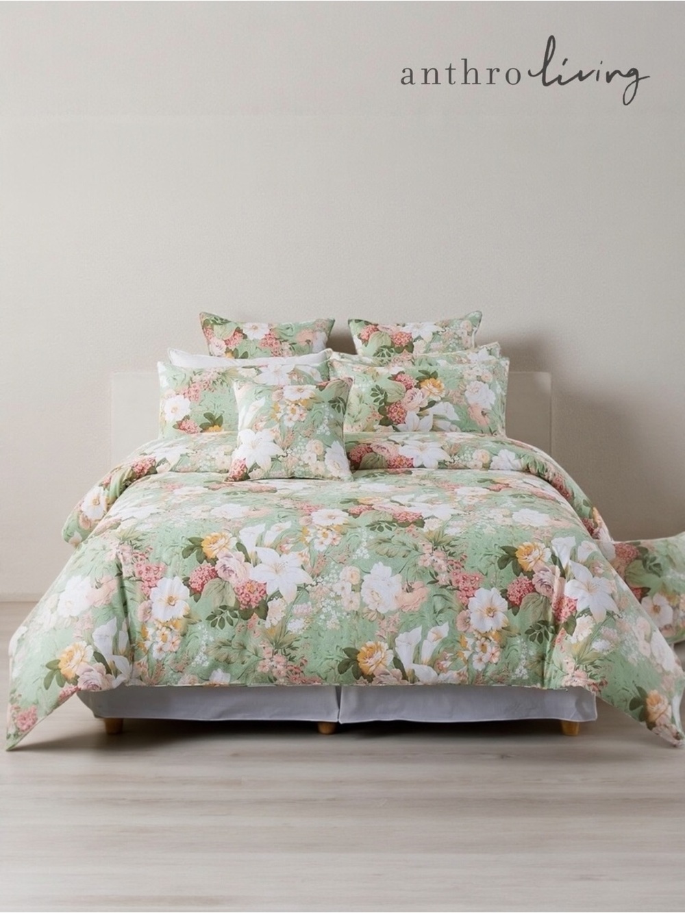 NEW Anthro Green Pink Floral Cotton Queen / King Cotton Bedding Duvet & Sham Set